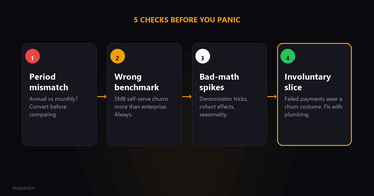 Diagram of the five checks to run before panicking about churn: period mismatch, wrong benchmark, bad-math spikes, and the involuntary slice