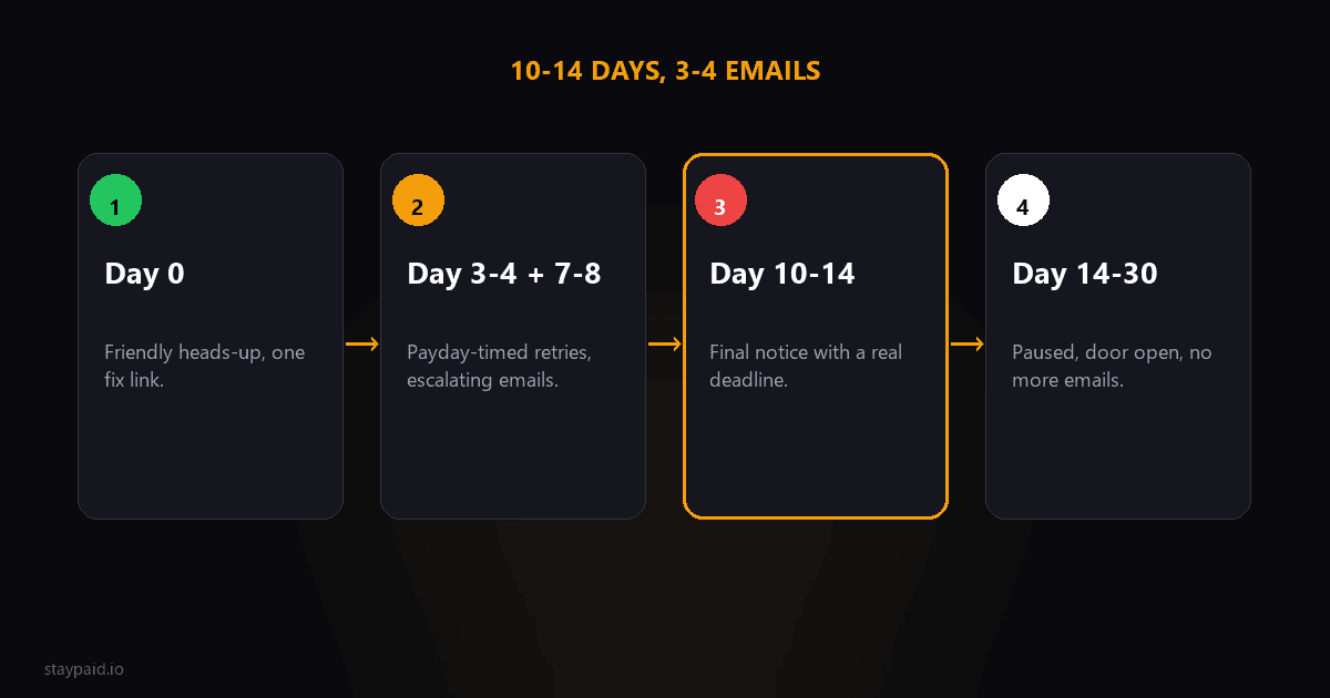 Diagram of the 10-14 day dunning cadence: day 0 heads-up, payday retries, final notice, pause with door open