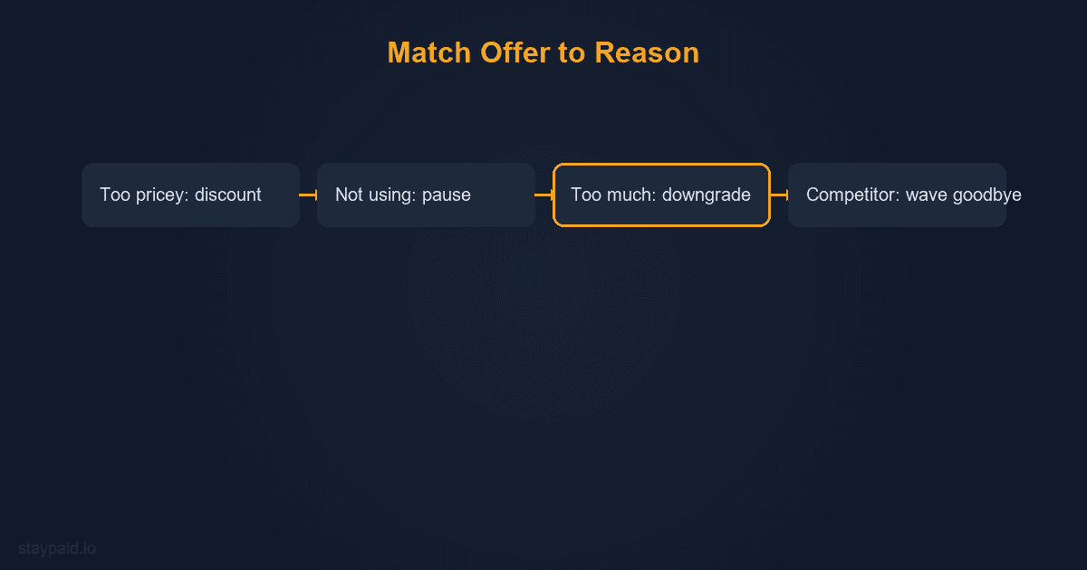 Diagram matching save offers to cancellation reasons: discount for price, pause for timing, downgrade for plan size