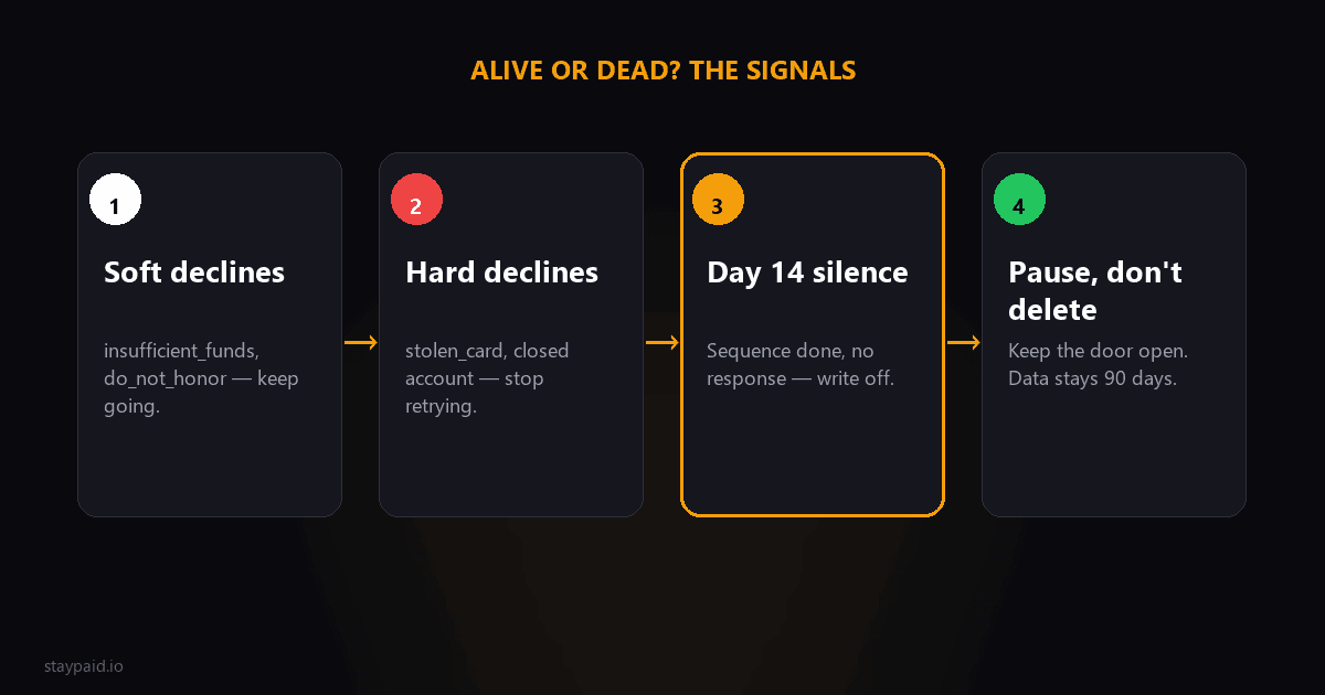Diagram of the alive-versus-dead signals for failed payments: soft declines keep going, hard declines stop, day 14 silence means write off, pause do not delete